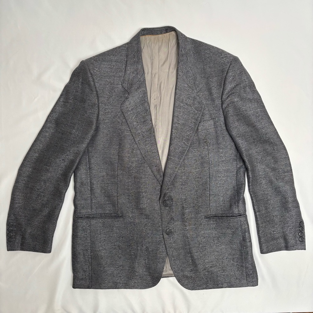 VTG 80s Black Grey Herringbone 100% Silk Sport Coat Blazer Mens Disco Coppa 42R